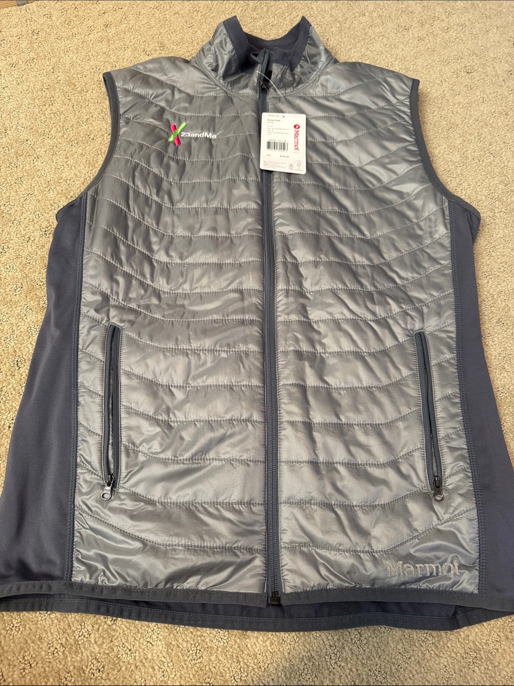 Marmot Gray and Navy Quilted Packable Vest with 23andMe Logo